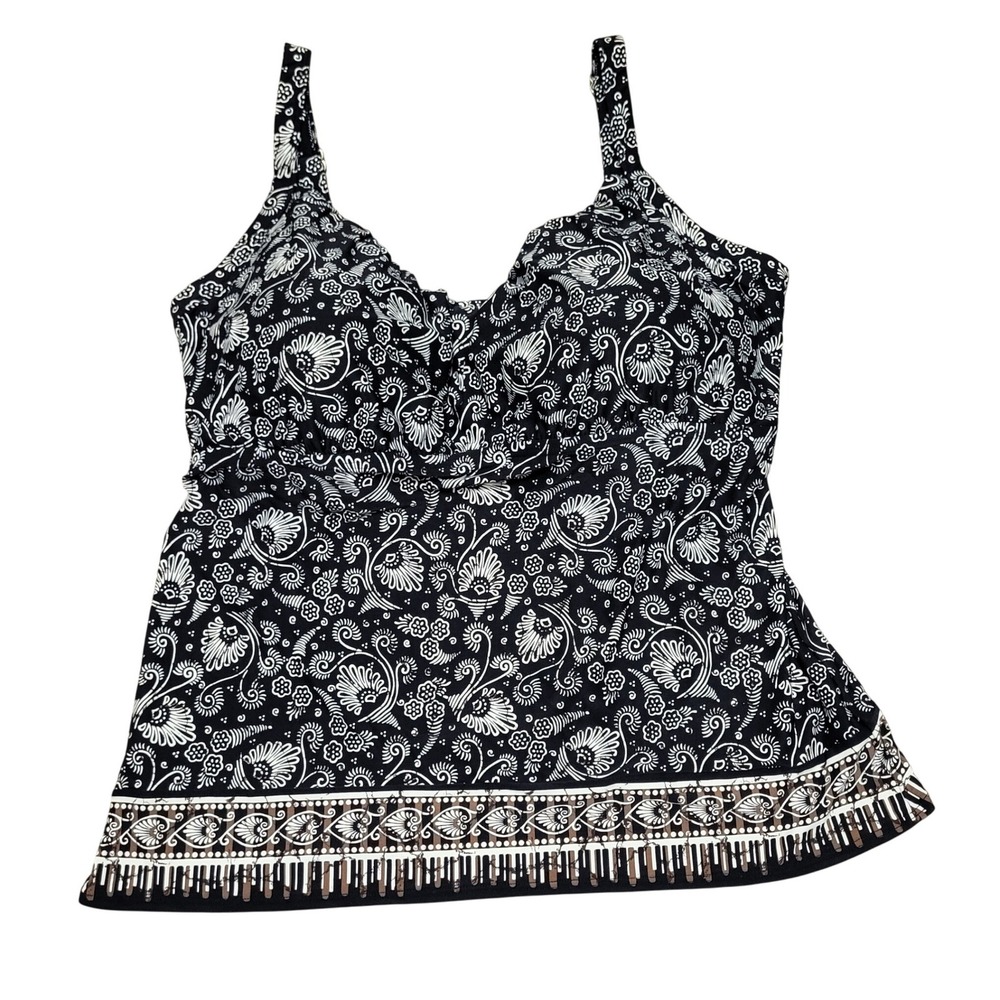 Coco Reef Black White Floral Paisley Tankini Swim Top Built in Bra Size 40E